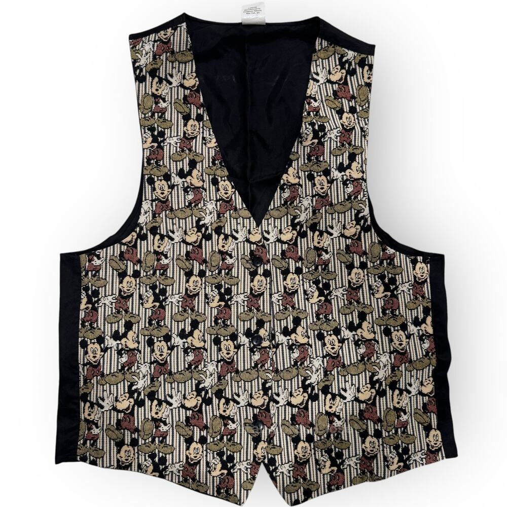 Vintage Disney Mickey Mouse Unlimited Tapestry Vest Button Front Black Brown